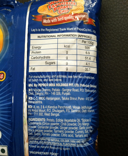 Lay's India's Magic Masala Potato Chips Nutrition Information