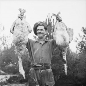 prepare Gunner Jack Ward of 9th Medium Regiment, Royal Artillery, holds aloft two geese destined to become Christmas dinner