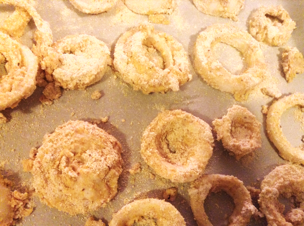 Baked Onion Rings before baking close up