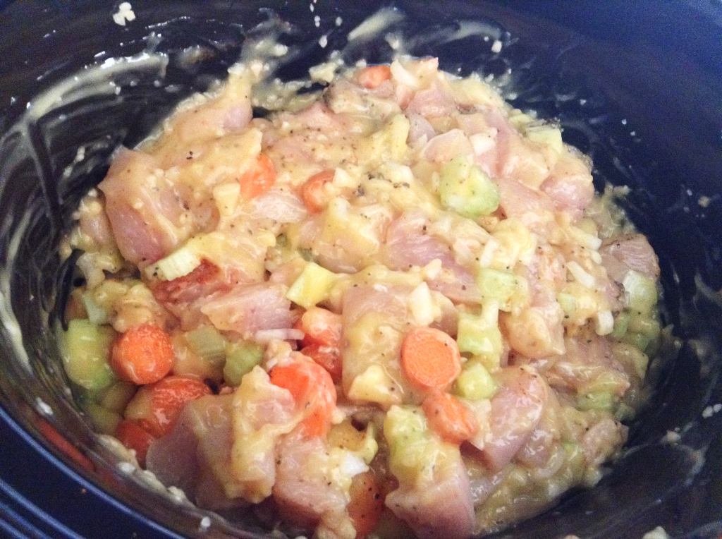 Crock pot chicken pot pie all ingredients mixed