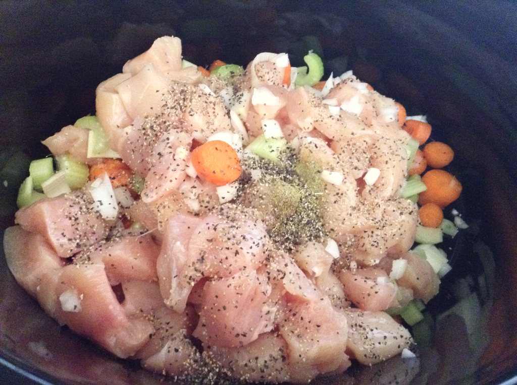 Crock pot chicken pot pie mixture with seasoning