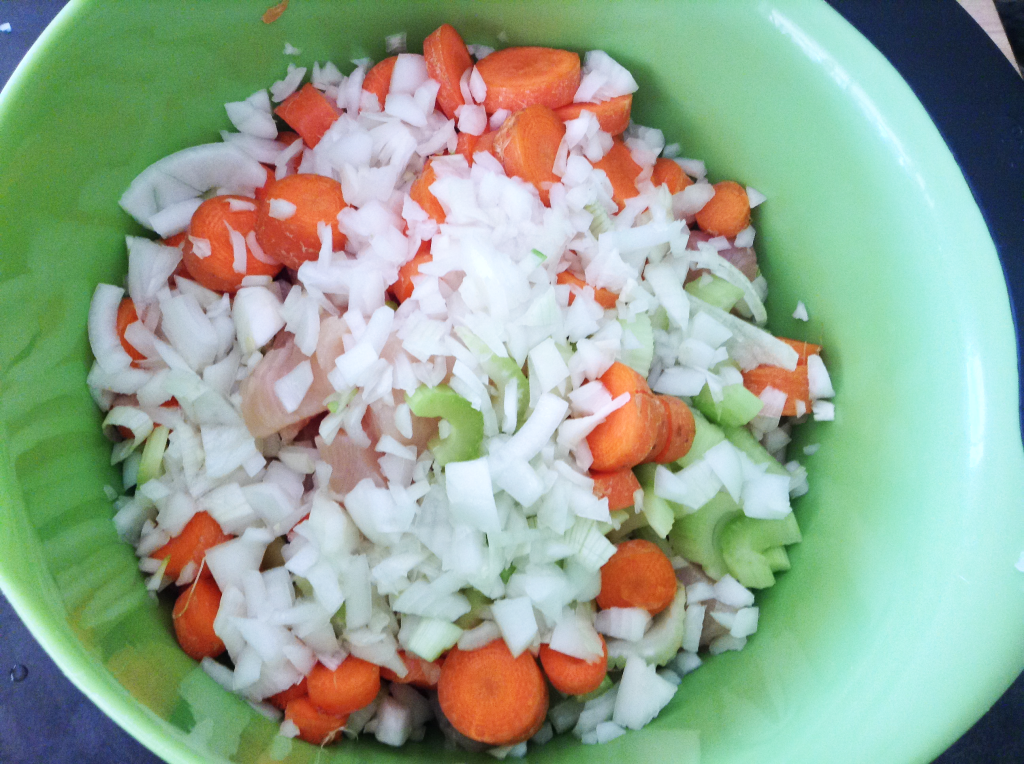 Crock pot chicken pot pie chicken, carrots, celery, onion