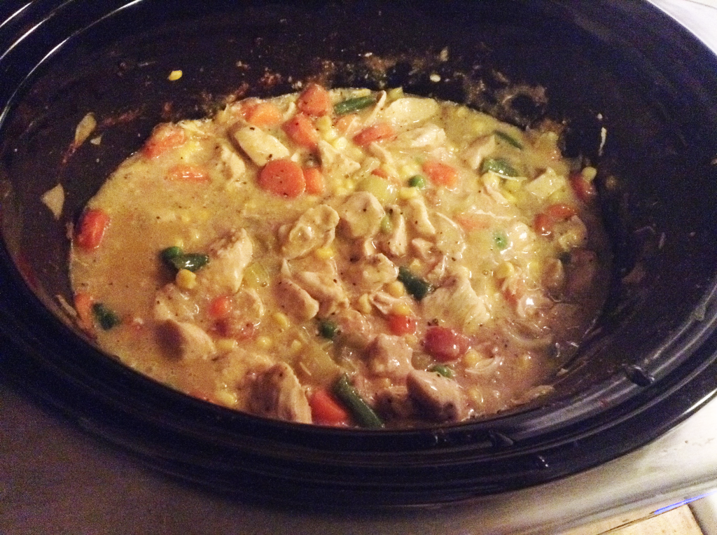 Crock pot chicken pot pie after frozen veggies added and cooked