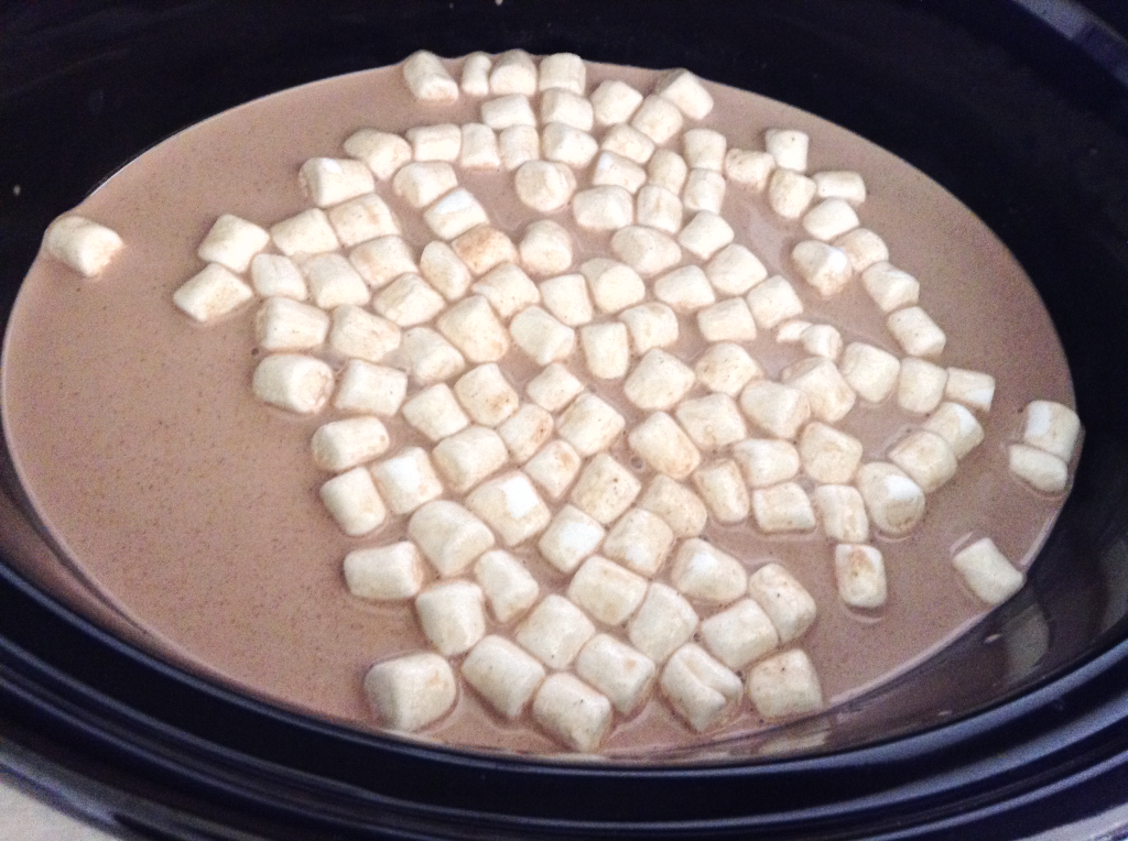 Crock Pot Hot Chocolate mixture with marshmallows added