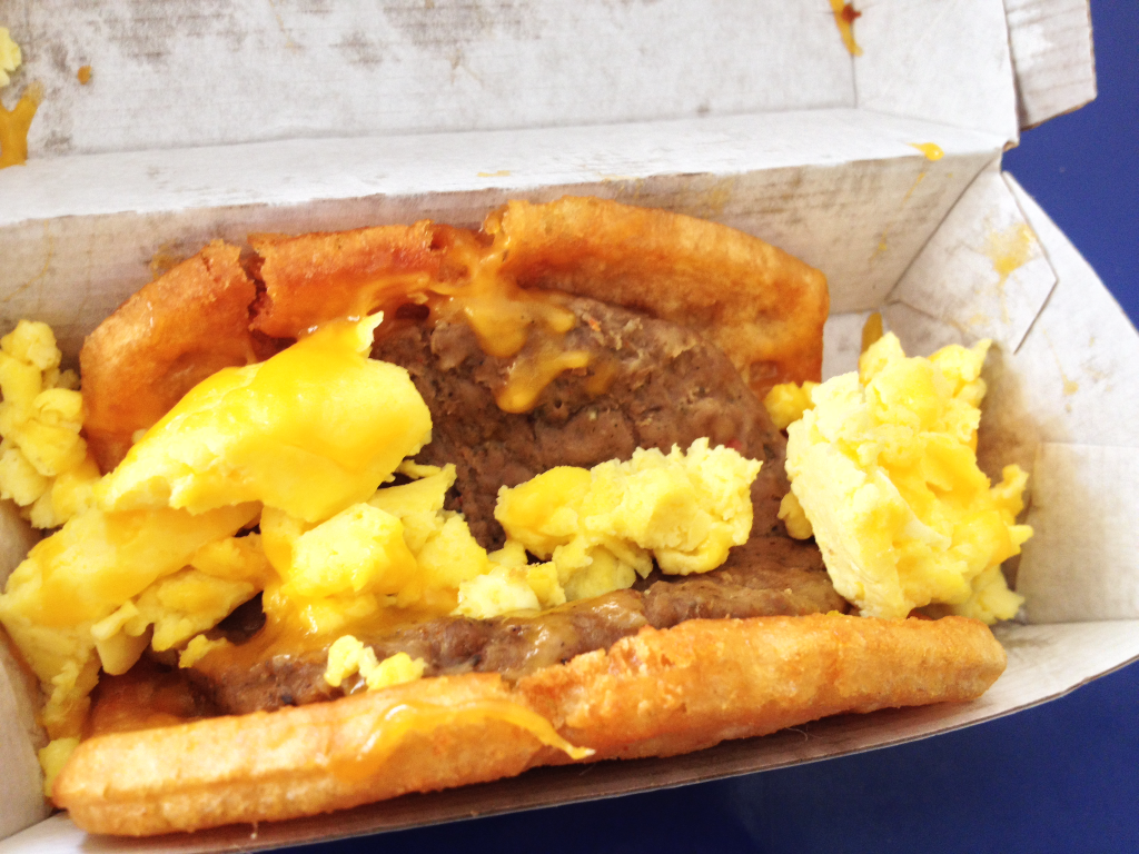 Taco Bell Breakfast Waffle Taco with sausage close up