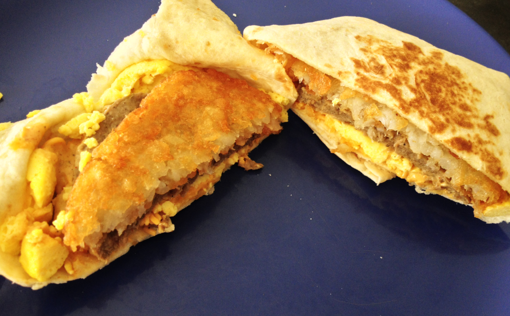 Taco Bell Breakfast A.M. Crunchwrap with Sausage inside