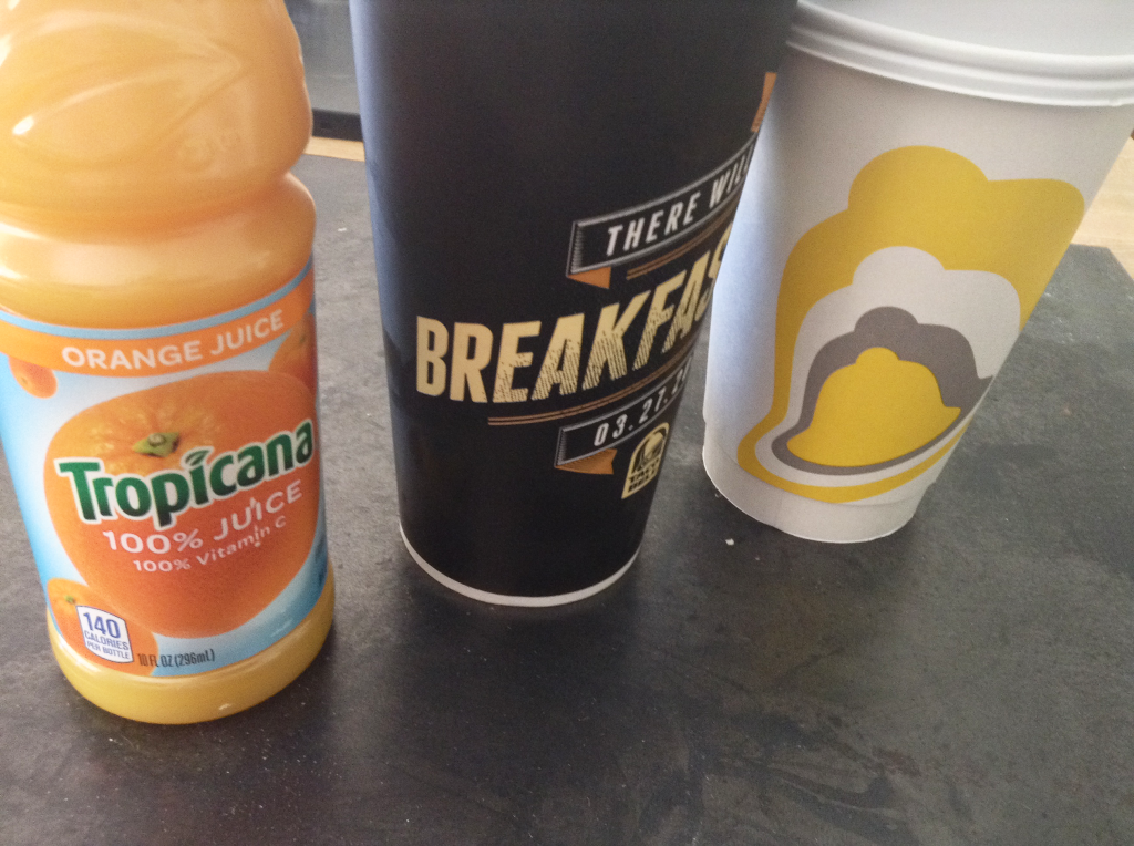 Taco Bell Breakfast Tropicana, soda, coffee