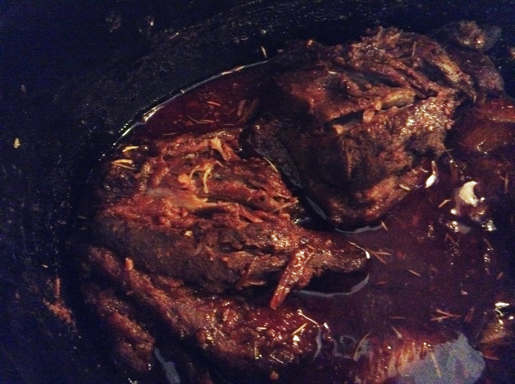 Crock Pot Pulled Pork cooking close up