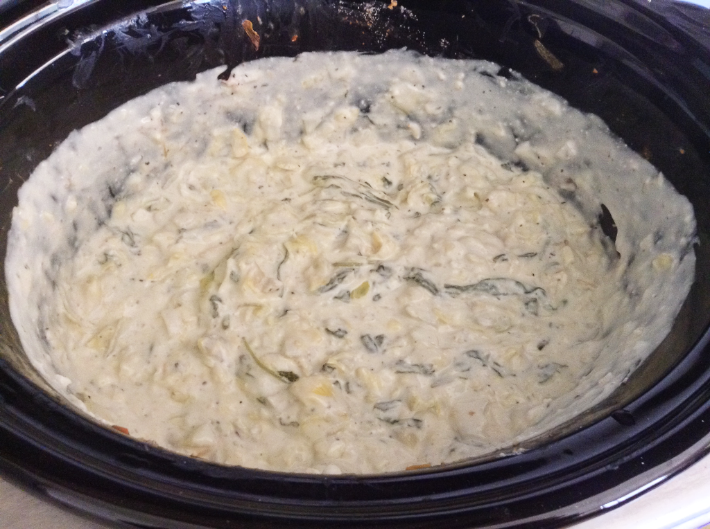 Spinach and Artichoke Dip after cream cheese is mixed in