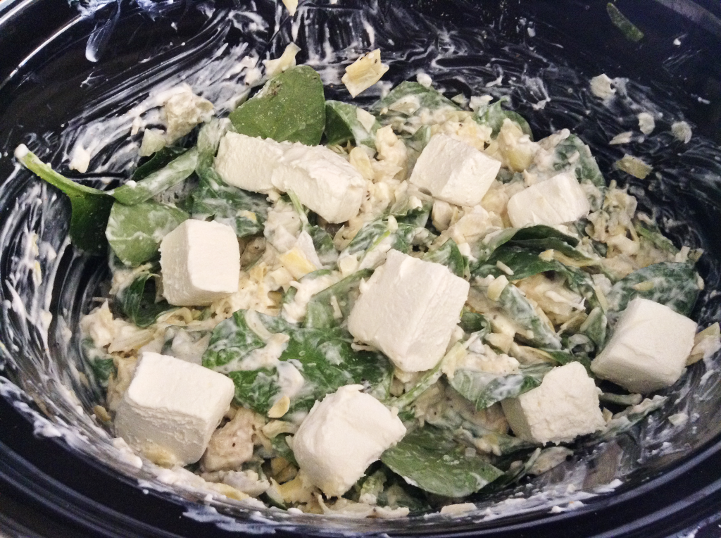 Spinach and Artichoke Dip with cubed cream cheese on top