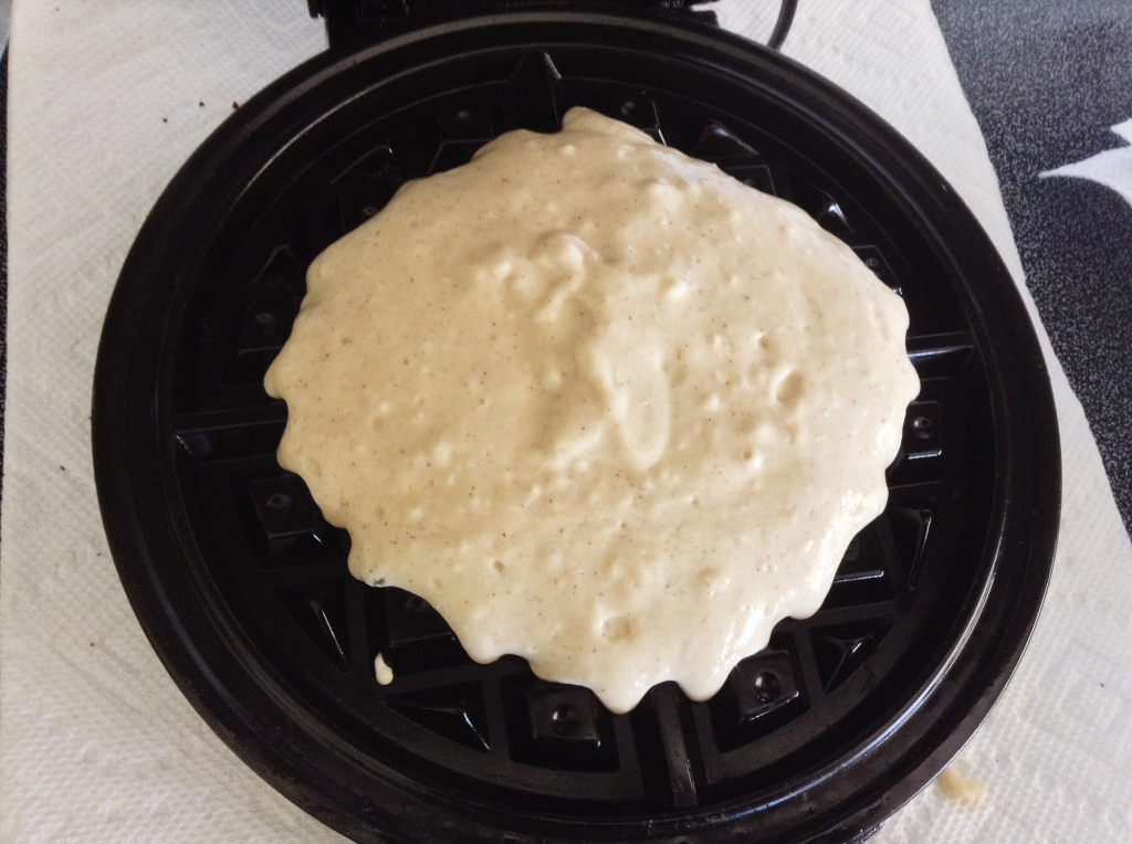 Homemade Belgian Waffle mix on waffle iron