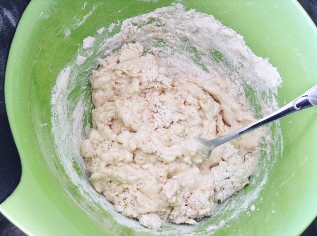 Homemade Belgian Waffle slowly adding more wet to dry ingredients