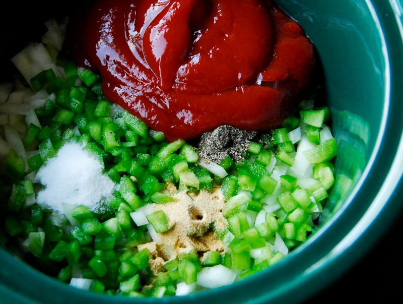 All Ingredients in Slow Cooker for Sloppy Joes