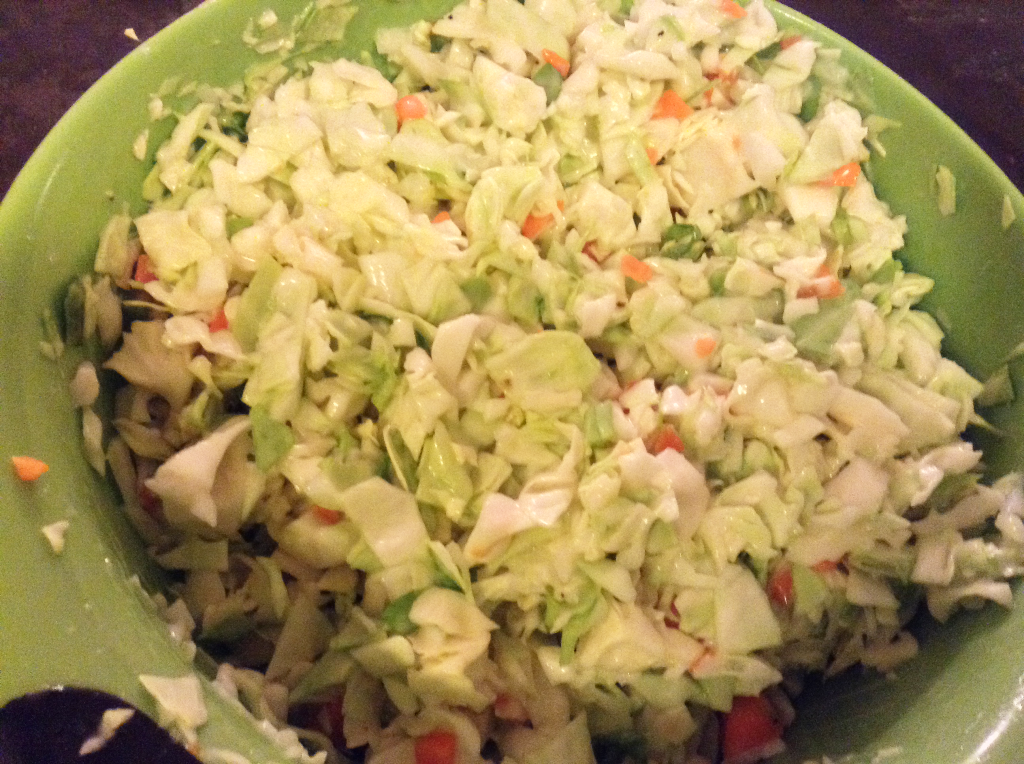 KFC Coleslaw Recipe wet ingredients mixed with cabbage