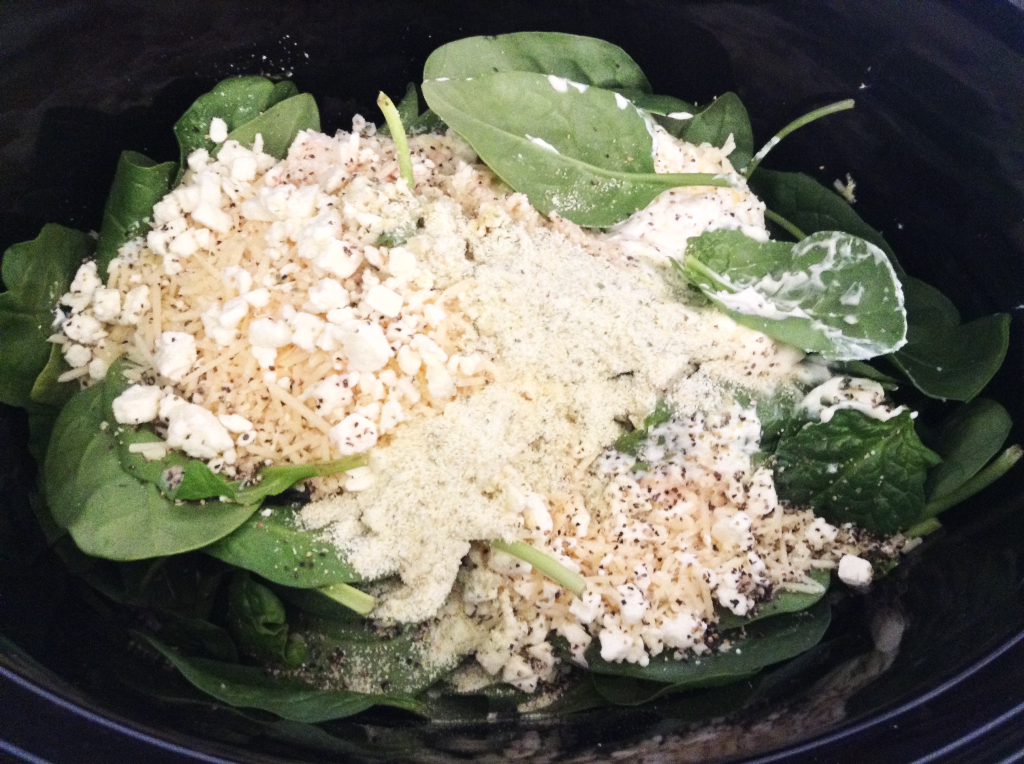 Spinach and Artichoke Dip mixture in crock pot before mixing